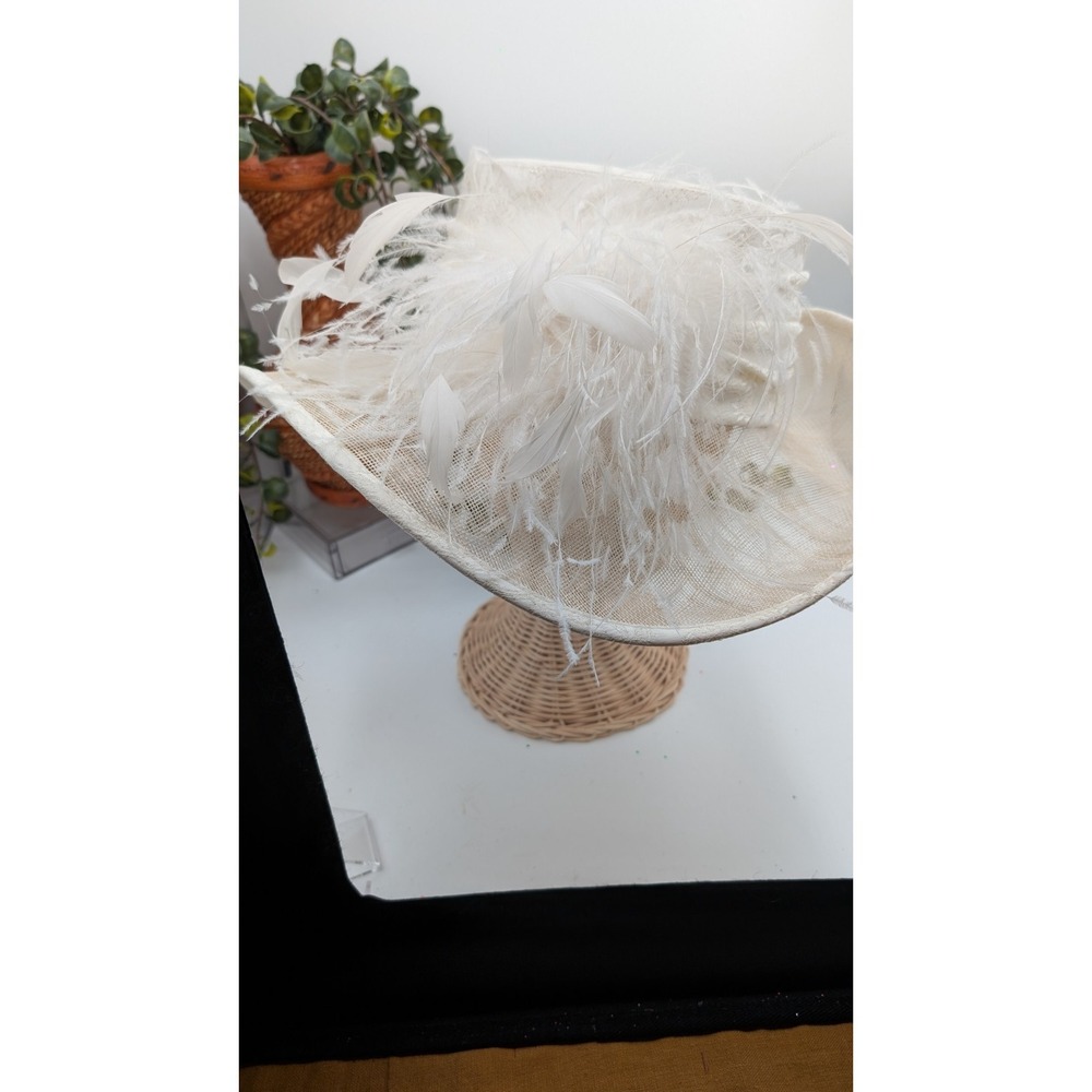 Plaza Suite New York Ivory Church Derby Hat Feather Wide Brim Wedding Formal